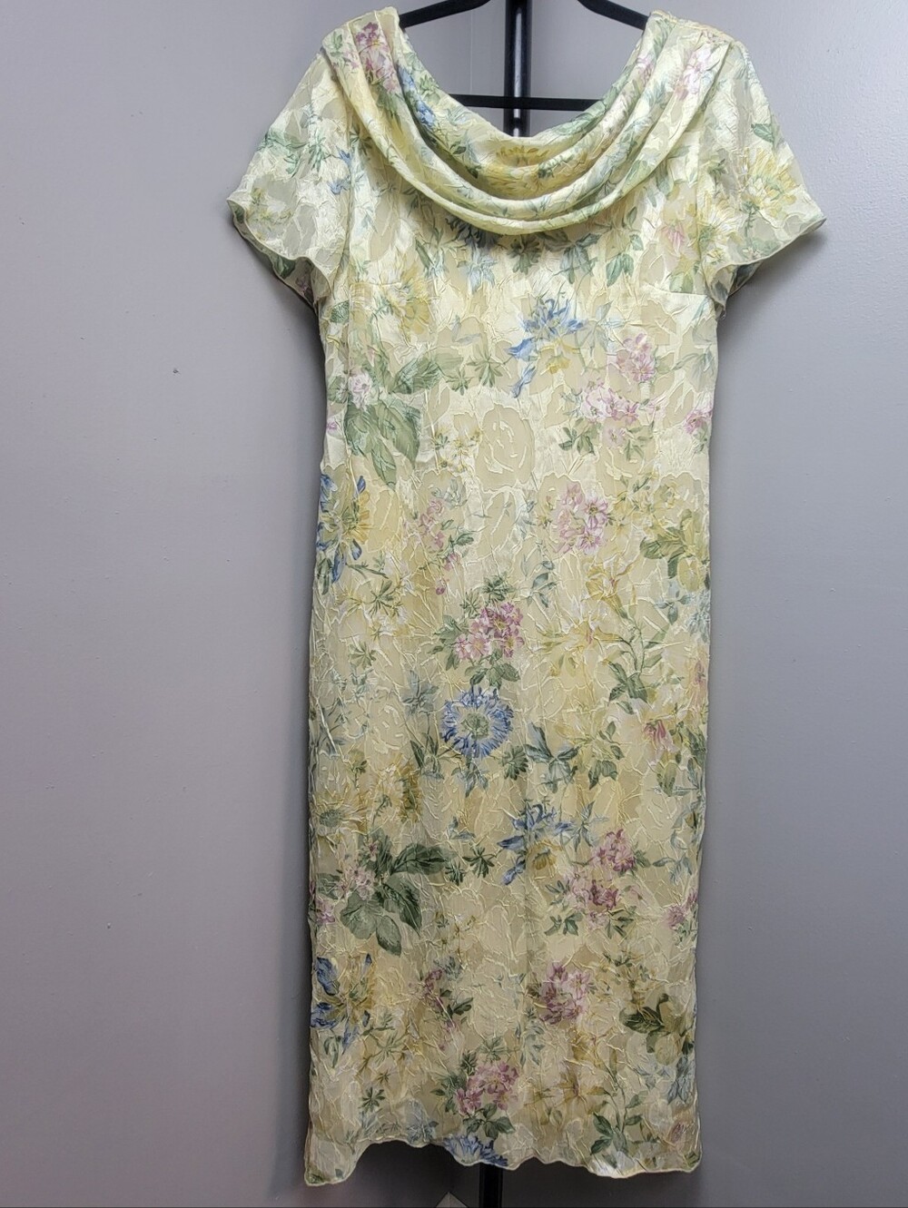 Helene Black Floral Light Yellow Multicolor Chiffon Dress Scarf Collar Midi Leng